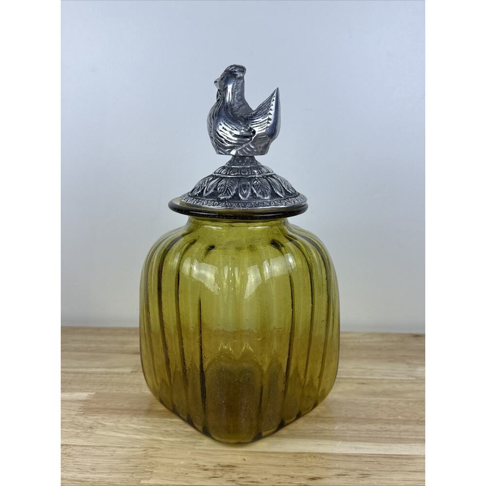 Vintage Amber Golden Yellow Glass Ribbed Canister With Pewter Rooster Top 12” - Picture 2 of 8
